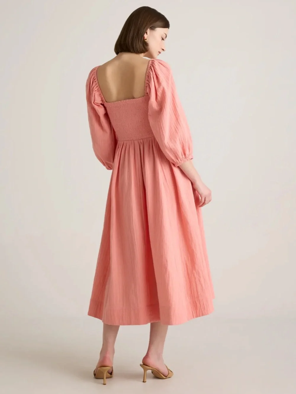 Quince Pink Organic Cotton Gauze Smocked Square Neck MIDI Dress Size S NWT Beach - Picture 9 of 14